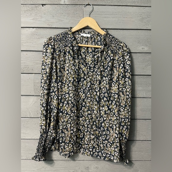 Anthropologie Tops - By the River for Anthropologie Sheer Blue Pink Gold Cheetah Blouse Sz Medium